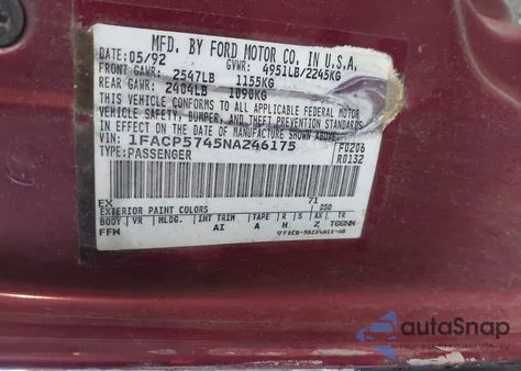 1992 Ford Taurus Gl из США, поврежденный, VIN 1FACP5745NA246175